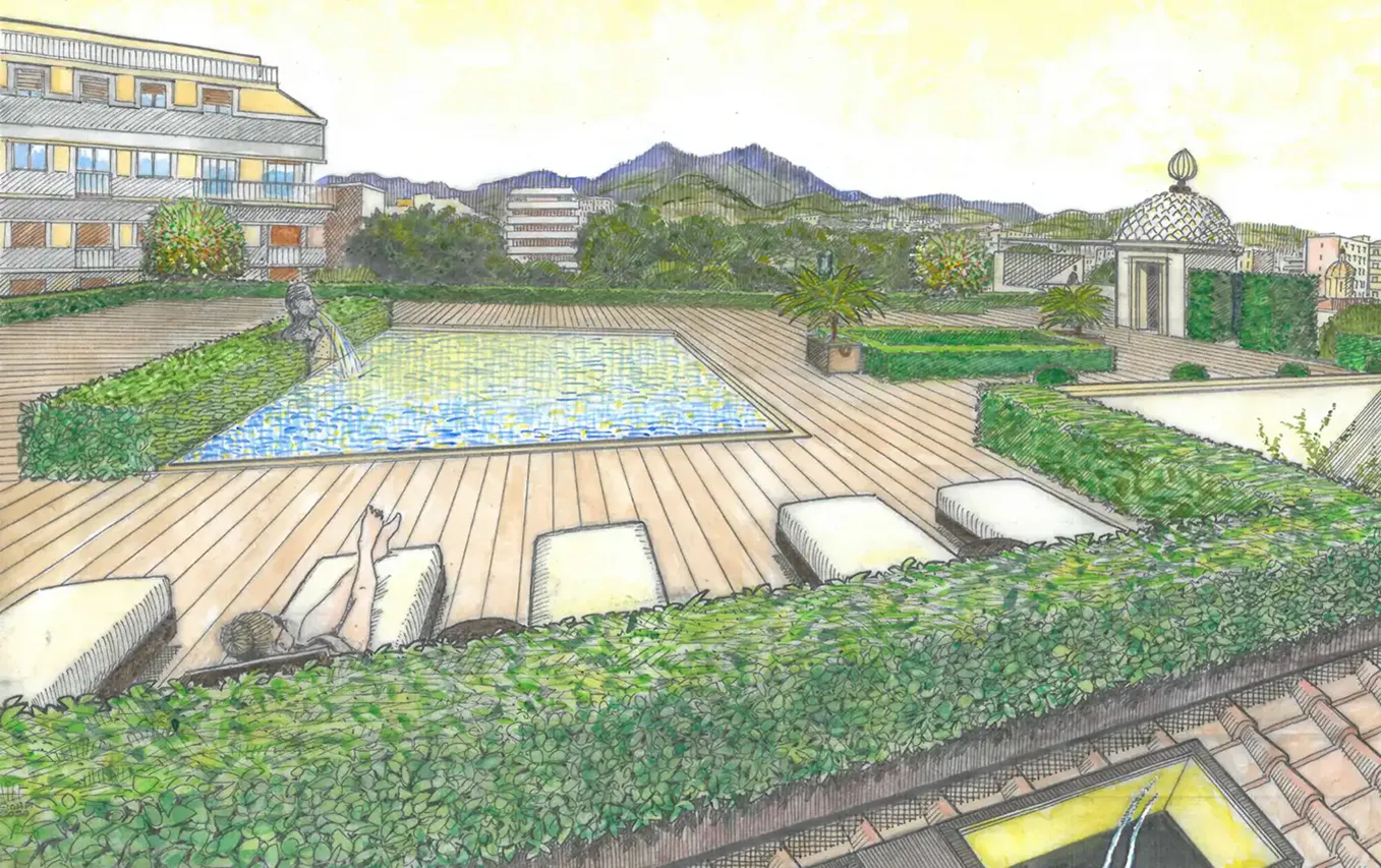 illustrazione rooftop poll Palazzo Excelsior
